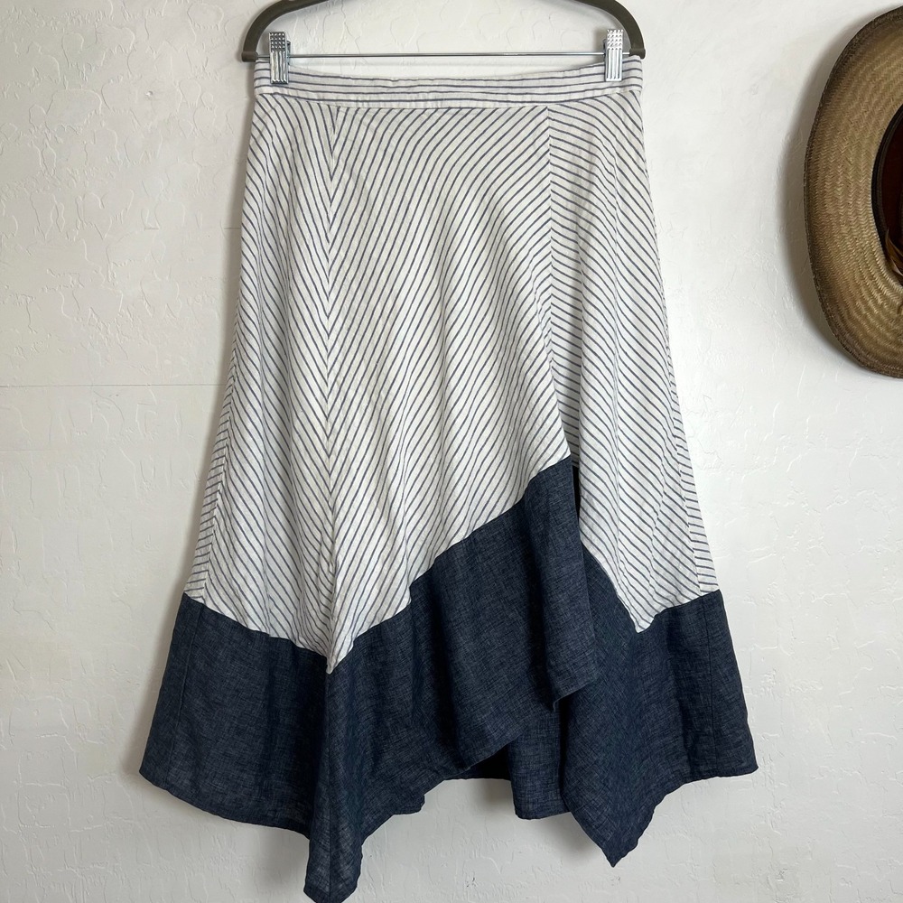 DKNY Linen Blend Midi Skirt Size 8 Striped Handkerchief Hem Asymmetrical Blue